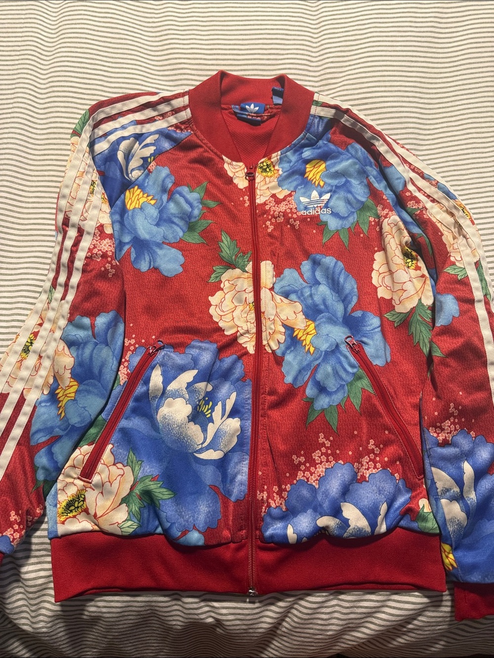adidas Red Floral Bomber Jacket with Blue & Cream Flowers